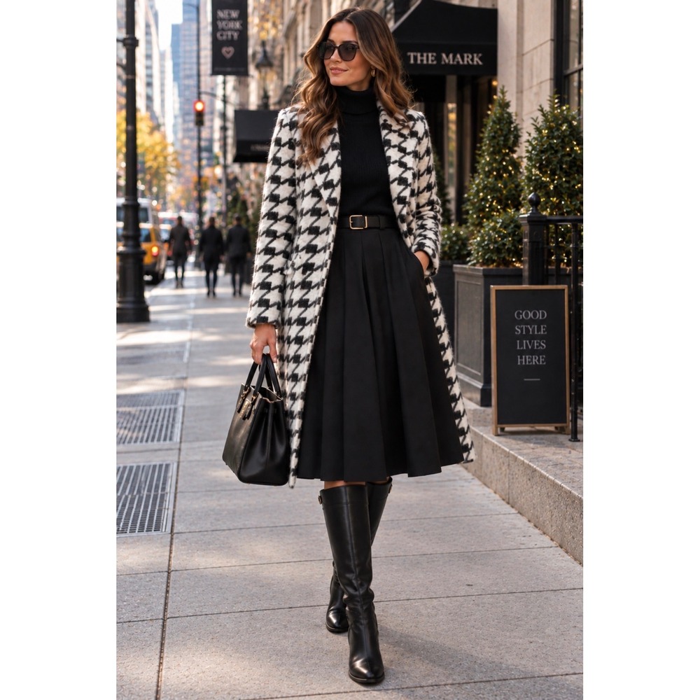 Liverpool Los Angeles Houndstooth Open Front Fuzzy Knit Coatigan Black White S